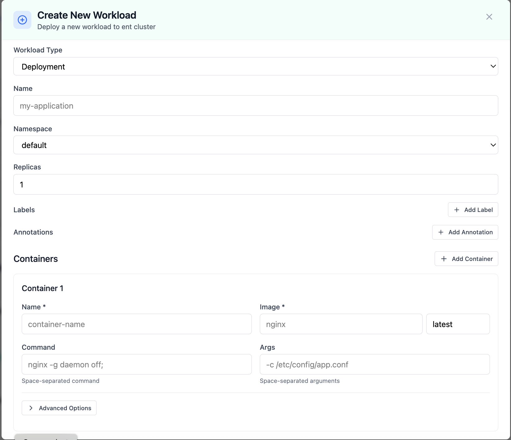 Create New Workload modal for deployments.